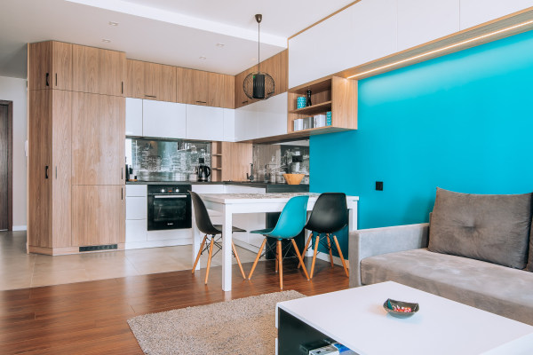 Widok ogólny z salonu na kuchnię